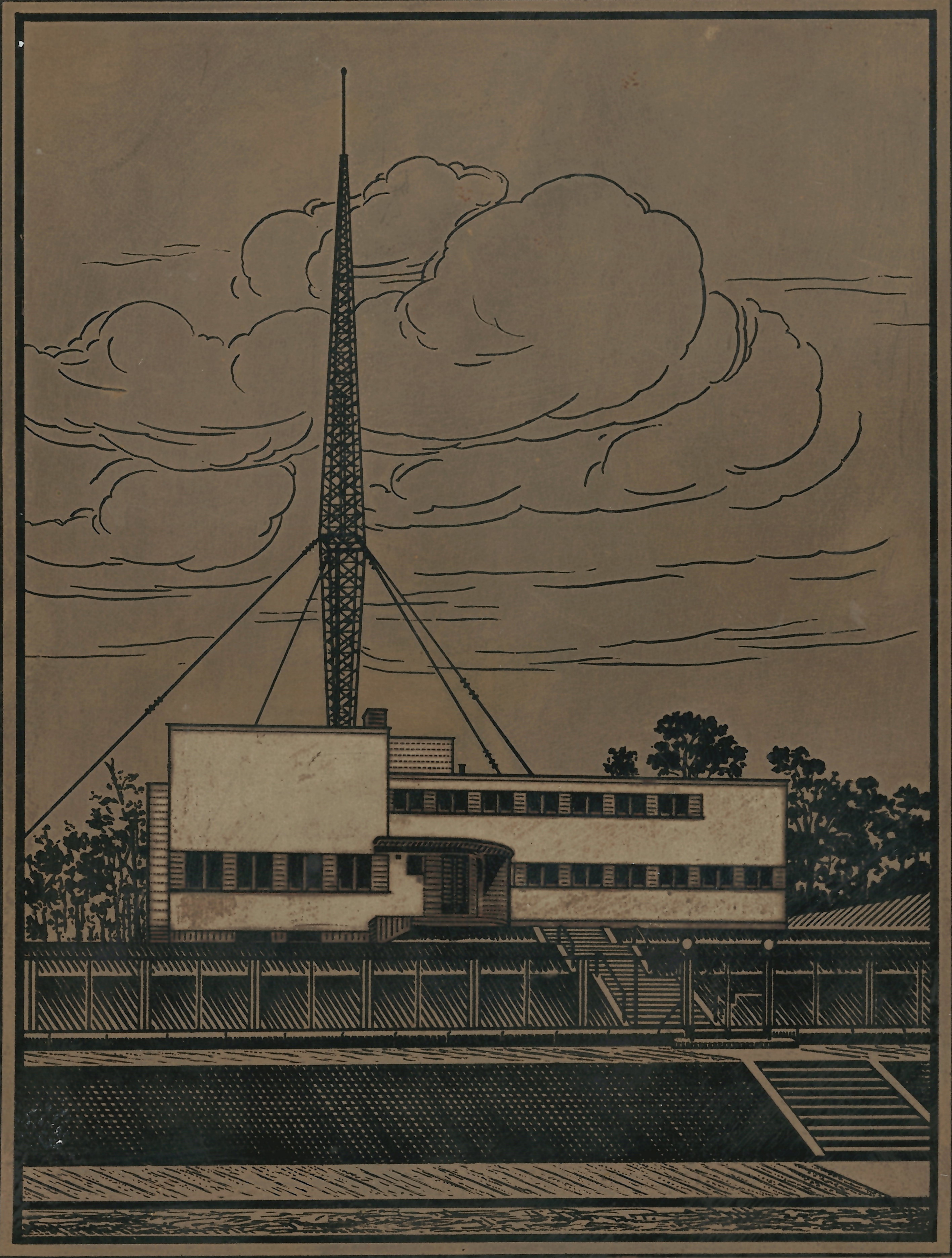 Budynek i nadajnik Rozgłośni Pomorskiej Polskiego Radia we wsi Stawki pod Toruniem (1935 r.) – miedzioryt.