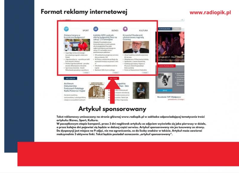 Dostępne miejsca artykułu sponsorowanego na stronie www.radiopik.pl
