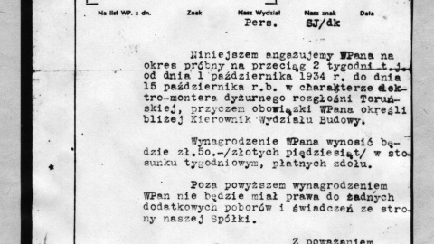 Pierwszy angaż Feliksa Stachowskiego - pracownika technicznej toruńskiej radiostacji w października 1934 r.