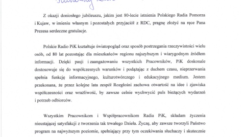List gratulacyjny od Prezes Zarządu Polskiego Radia RDC Jolanty Kaczmarek