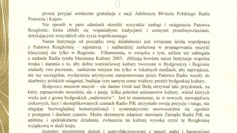Życzenia od Dyrektor Filharmonii Pomorskiej w Bydgoszczy Eleonory Harendarskiej