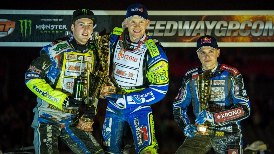 Krzysztof Kasprzak wygrał Grand Prix w Bydgoszczy, 2. miejsce zajął Australijczyk Darcy Ward, a trzecie - Jarosław Hampel. Fot. PAP/Tytus Żmijewski