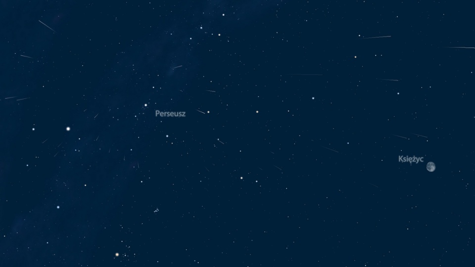 Meteory "sypią się" z gwiazdozbioru Perseusza, stąd nazwa "Perseidy". Największe nasilenie spadających gwiazd przypada na noc z 12 na 13 sierpnia. Grafika: Piotr Majewski