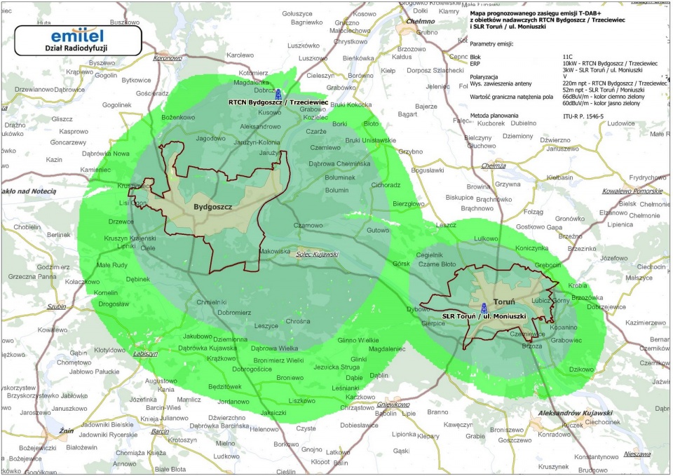 Mapa prognozowanego zasiegu DAB+ z obiektów nadawczych RTCN Bydgoszcz/Trzeciewiec i SLR Toruń