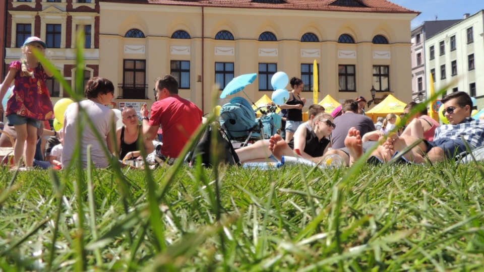 Jedni leżą na kocach, inni wypoczywają na leżakach - na Rynku Nowomiejskim w Toruniu odbywa się kolejna edycja "Śniadania na Trawie". Fot. Michał Zaręba