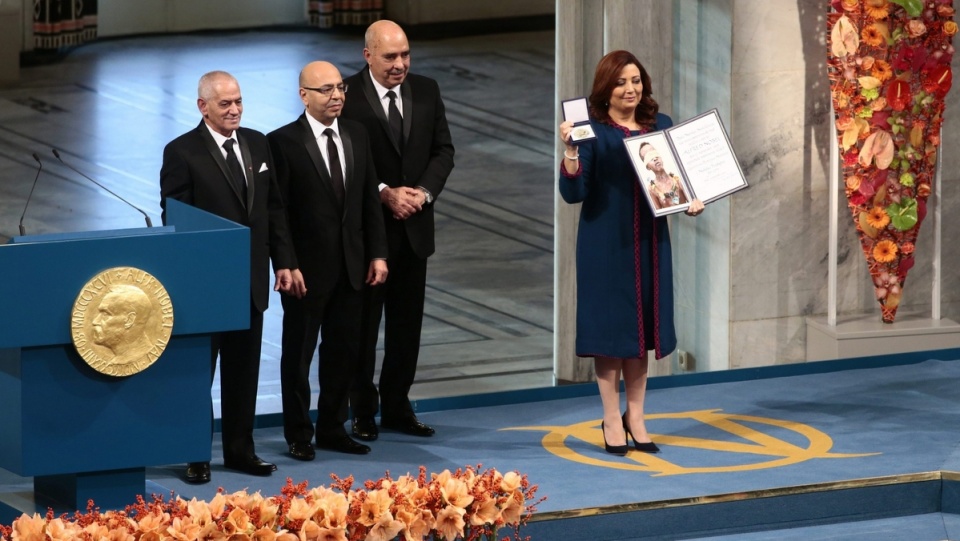 Przedstawiciele Kwartetu Tunezyjskiego odebrali Pokojową Nagrodę Nobla za 2015 roku. Fot. PAP/EPA/HAKON MOSVOLD LARSEN