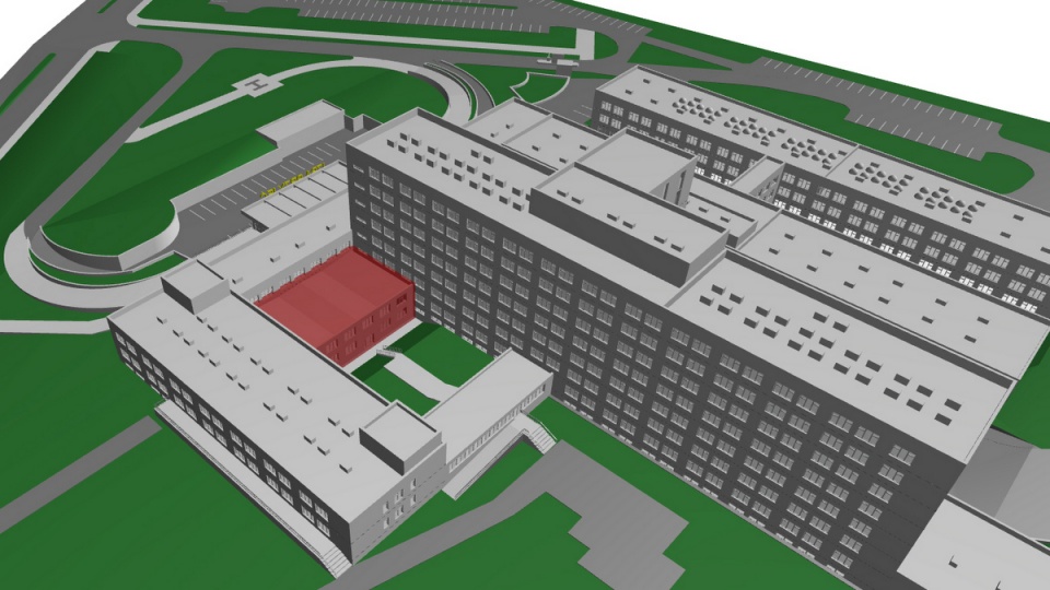 Wizualizacja szpitala Biziela z nowym budynkiem SOR.