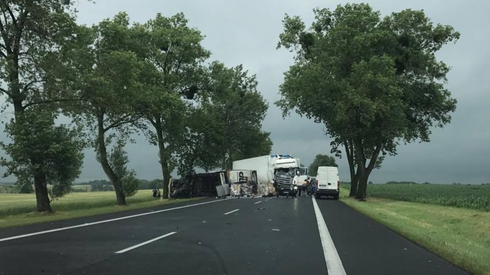 Dwie ciężarówki i samochód osobowy zderzyły się w Luszkowie w powiecie świeckim na drodze krajowej nr 5. Fot. Monika Gumienna