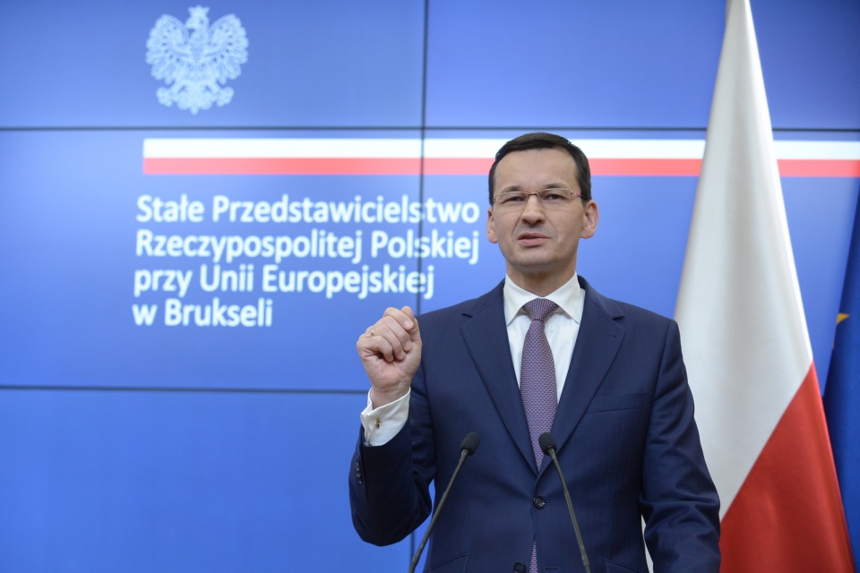Premier RP Mateusz Morawiecki podczas konferencji prasowej w Brukseli. Fot. PAP/Marcin Obara