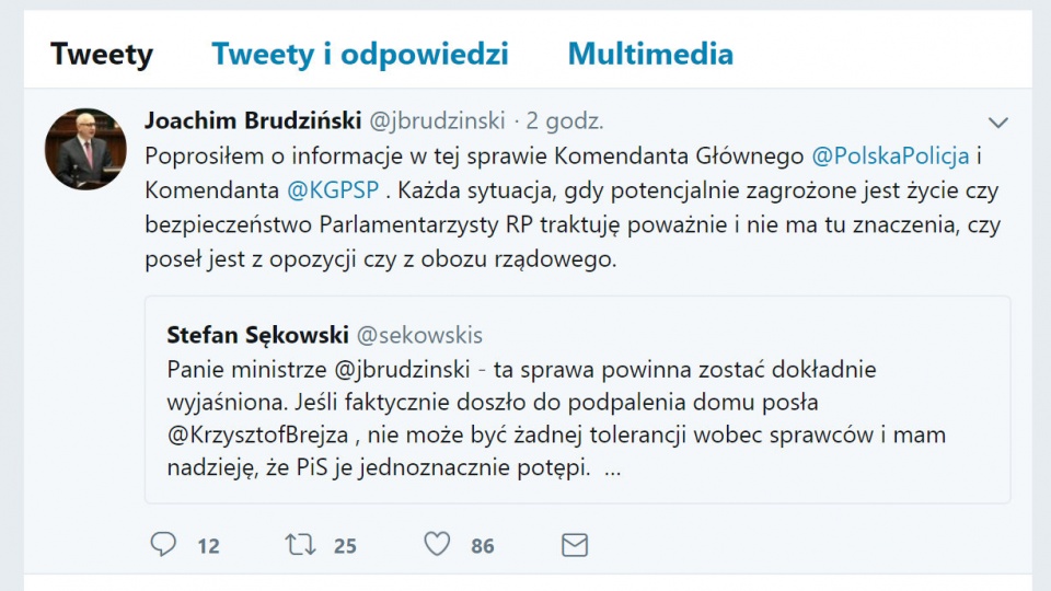 Joachim Brudziński poinformował na Twitterze, że o informacje w tej sprawie poprosił Komendanta Głównego Policji i Komendanta Głównego Państwowej Straży Pożarnej. Fot. Zrzut ekranu Twitter.com/jbrudzinski