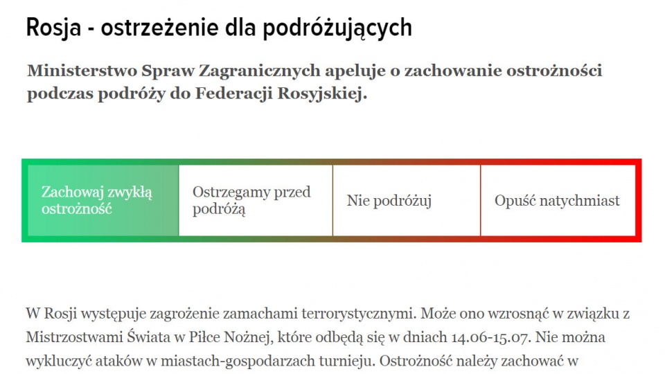 Wydane we wtorek ostrzeżenie jest najniższego stopnia w czterostopniowej skali stosowanej przez resort. Zrzut ekranu ze strony www.msz.gov.pl