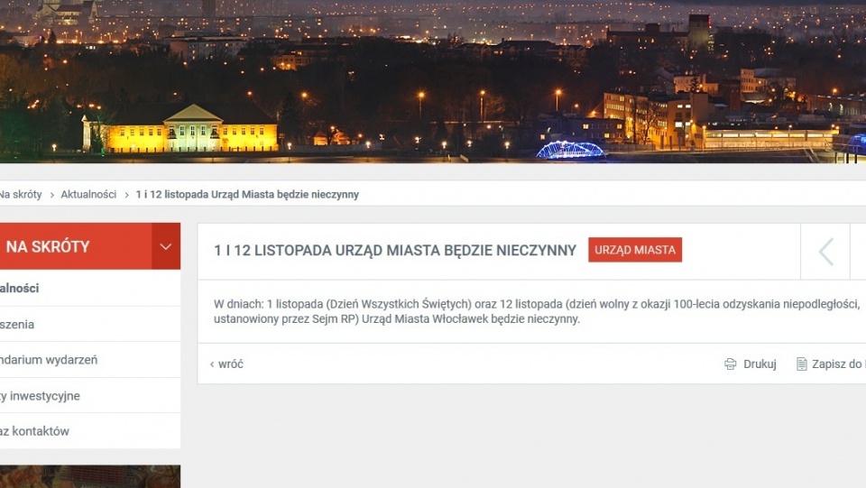 12 listopada Urząd Miasta będzie nieczynny - poinformowal włocławski Ratusz. Fot. zrzut ekranu/wloclawek.pl