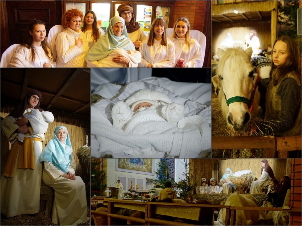 Maryja, Józef i dzieciątko... anioły, pasterze i zwierzęta... żywe Betlejem w bydgoskiej bazylice. Fot. Fundacja Wiatrak