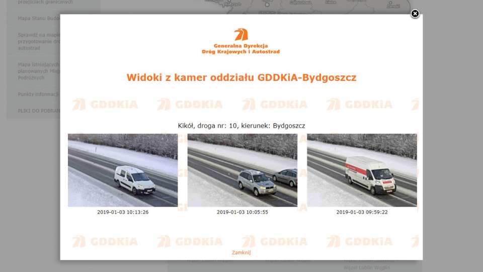 Drogi krajowe na Kujawach i Pomorzu w większości są czarne i mokre. Fot. zrzut ekranu ze strony www.gddkia.gov.pl