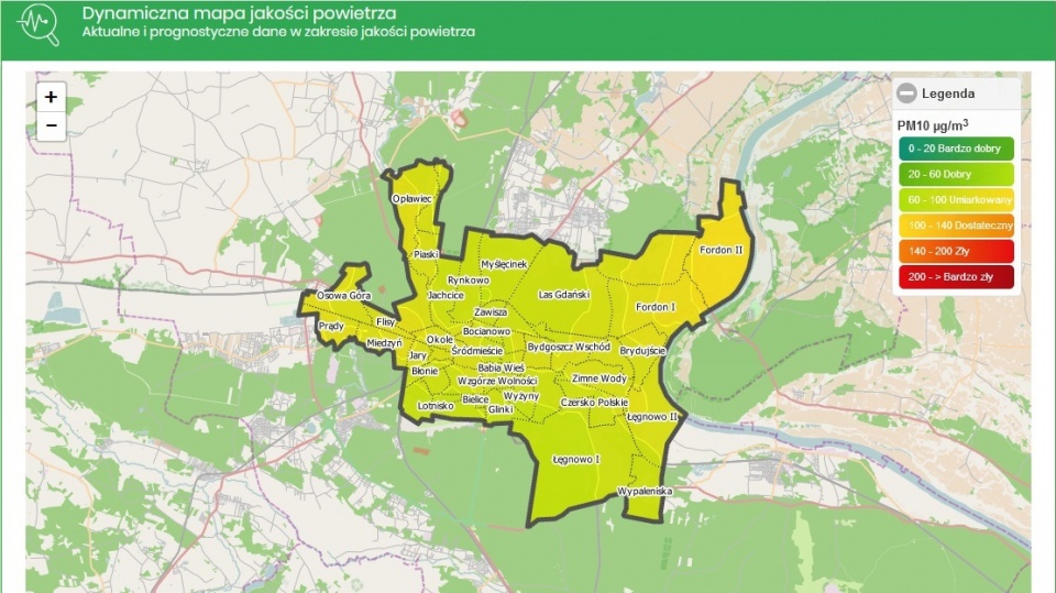 Bydgoszcz jest jednym z pierwszych miast w Polsce posiadających system do dokładnej oceny zanieczyszczeń powietrza. Grafika: walkazesmogiembydgoszcz.ekostrateg.com