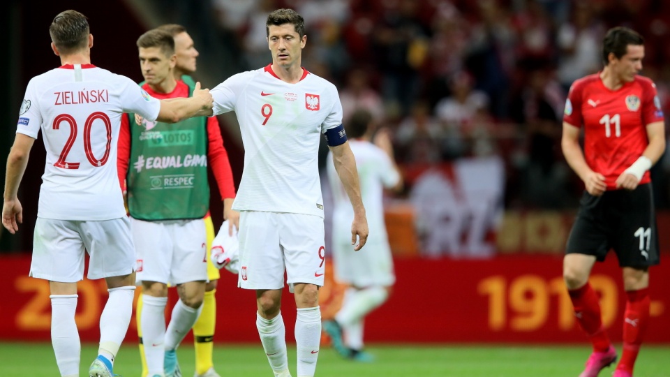 Na zdjęciu od lewej Piotr Zieliński, Krzysztof Piątek i Robert Lewandowski po meczu Polska - Austria w 6. kolejce eliminacji Euro 2020. Fot. PAP/Leszek Szymański