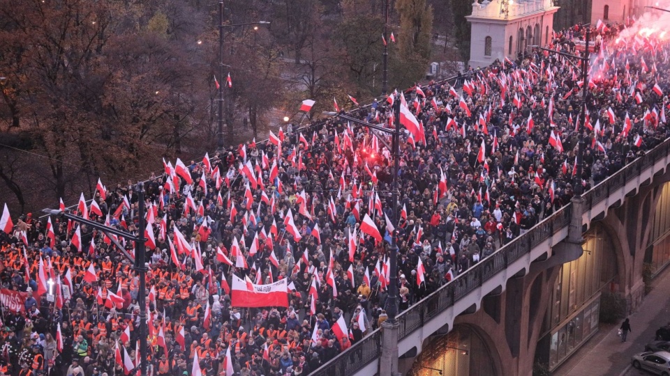 Większość demonstrujących ma ze sobą biało-czerwone flagi. Fot. PAP/Paweł Supernak