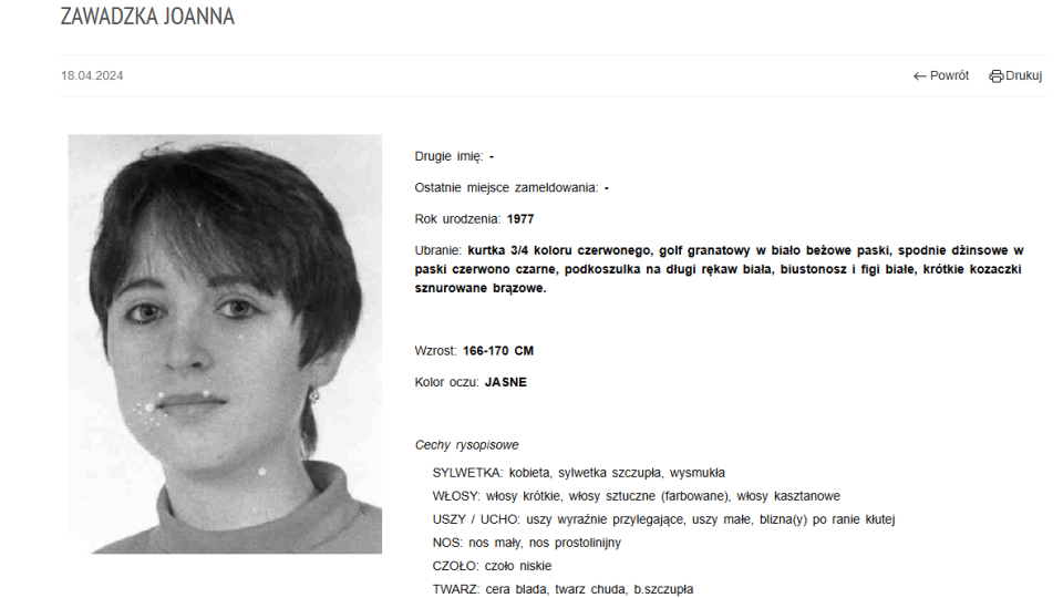Komunikat policyjny o poszukiwaniu Joanny Zawadzkiej. Źródło: zaginieni.policja.gov.pl
