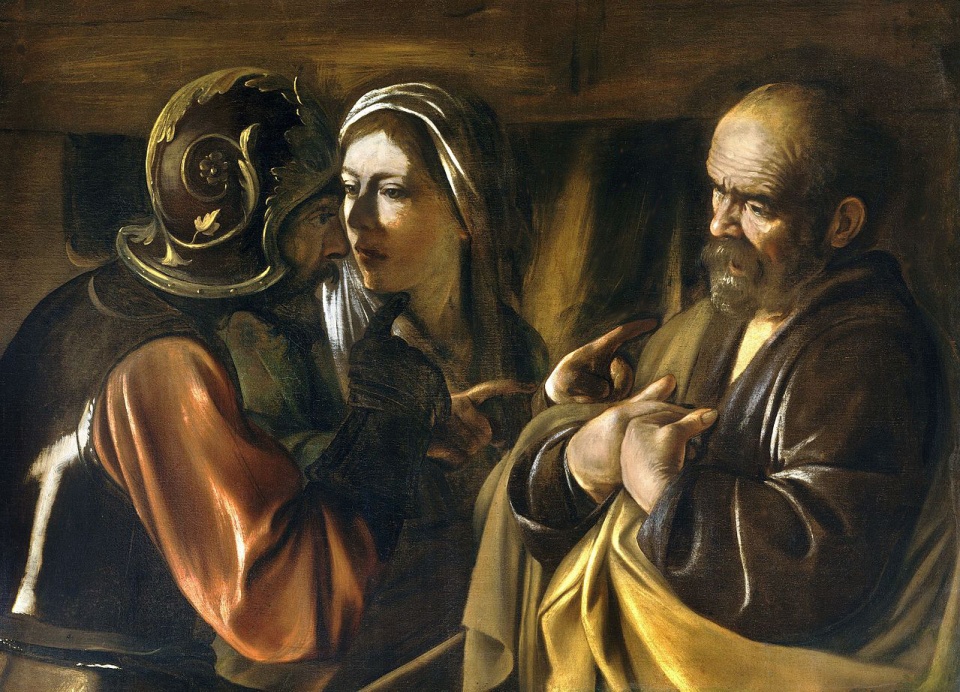 Zaparcie się Piotra, autorstwa Caravaggio. Źródło: pl.wikipedia.org