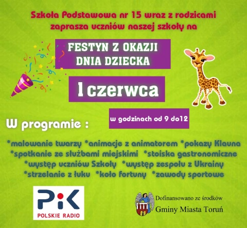 Dzień Dziecka SP15 w Toruniu, ul. Paderewskiego 511,Toruń, 1 czerwca 2023r.(zakończony)