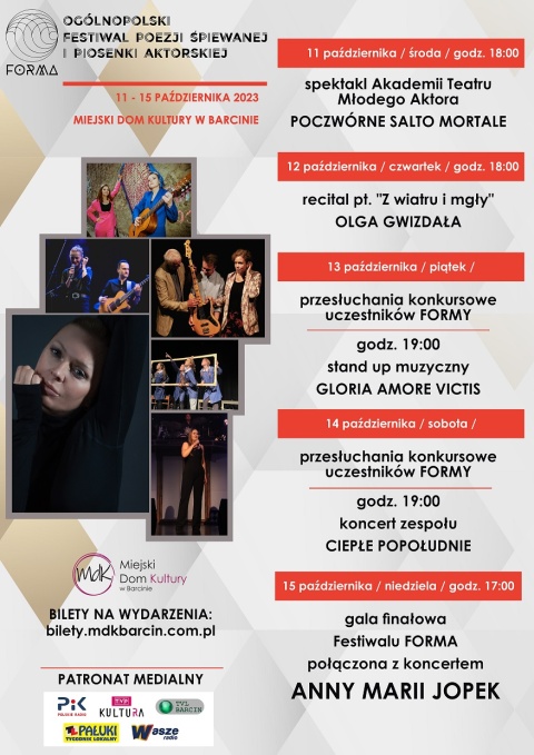 Festiwal Poezji Śpiewanej i Piosenki Aktorskiej FORMA, Miejski Dom Kultury w Barcinie, 13-15.10.2023r.(zakończony)