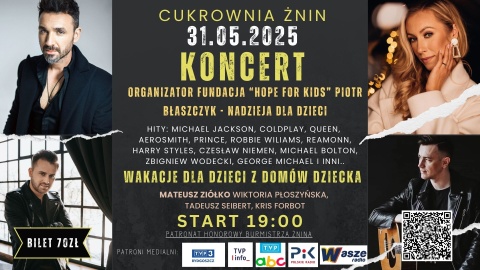 Koncert Charytatywny WAKACJE DLA DZIECI Z DOMU DZIECKA Cukrownia Żnin, Janickiego 1 - 31maja godz. 19.00