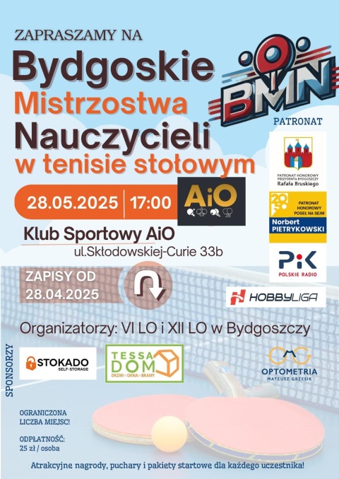 Bydgoskie Mistrzostwa Nauczycieli w Tenisa Stołowego 2025 AiO, ul. M. Curie-Skłodowskiej 33B, korty tenisowe znajdującehellip 