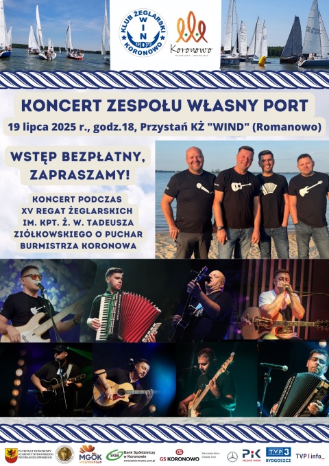XV Regaty Żeglarskie o Puchar Burmistrza Koronowa - Koncert Przystań KŻ Wind 19.07. 2025r. godz. 18.00