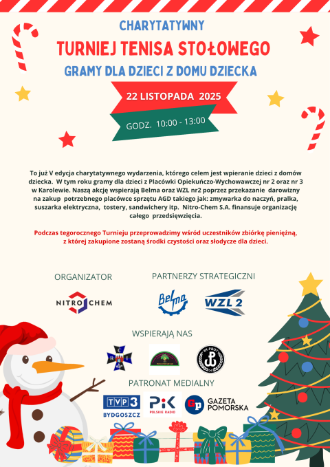 Charytatywny Turniej Tenisa Stołowego Gramy dla Dzieci z domów dziecka 22.11.2025r.
