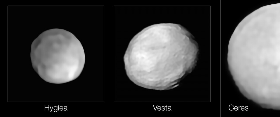 Obraz porównawczy Hygiea, Vesta i Ceres © ESO