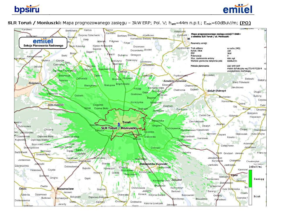 Mapka prognozowanego zasięgu programu Polskiego Radia PiK w technologii DAB+ (wrzesień 2013 - kwiecień 2015, tryb odbioru: w ruchu)