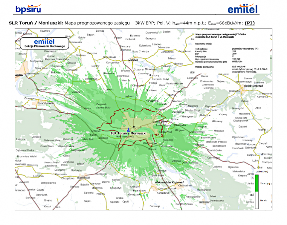 Mapka prognozowanego zasięgu programu Polskiego Radia PiK w technologii DAB+ (wrzesień 2013 - kwiecień 2015, tryb odbioru: przenośny wewnętrzny)