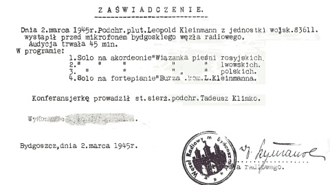 Zaświadczenie wydane przez Węzeł Radiowy w Bydgoszczy z 2 marca 1945 r. dla Leopolda Kleimanna-Kozłowskiego