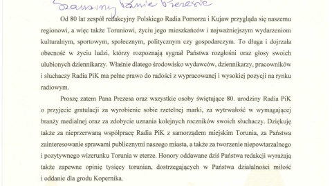List gratulacyjny od Prezydenta Torunia Michała Zaleskiego