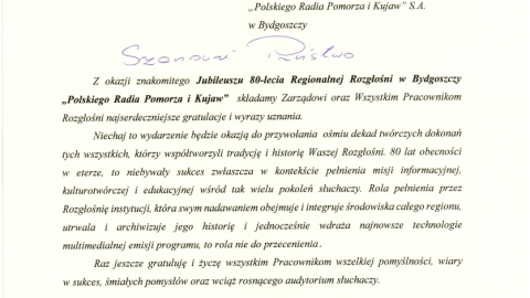 List gratulacyjny z Radia Opole