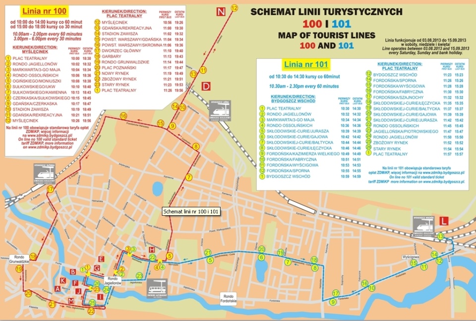 Schemat kursowania lini turystycznych 100 i 101. Foto: ZDMIKP w Bydgoszczy