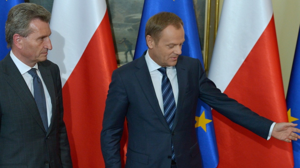 Premier Donald Tusk (P) spotkał się z komisarzem UE ds. energii Guentherem Oettingerem (L). PAP/Radek Pietruszka