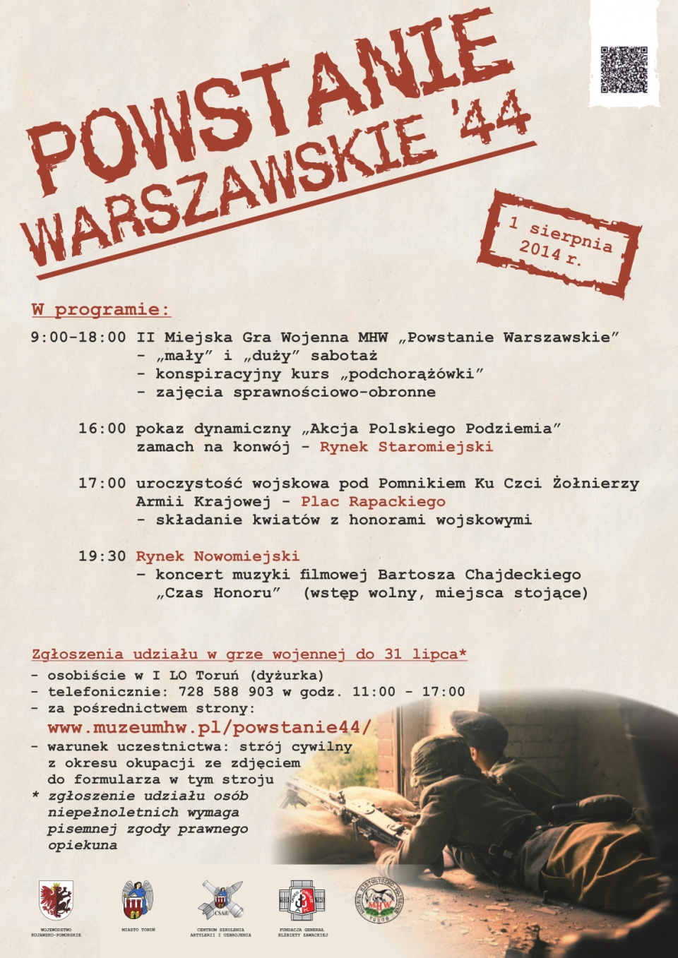 1. sierpnia - dokładnie w 70. rocznicę zrywu narodowego w Warszawie, uczestnicy toruńskiej gry miejskiej na kilka godzin wcielą się w postaci powstańców. Fot. torun.pl