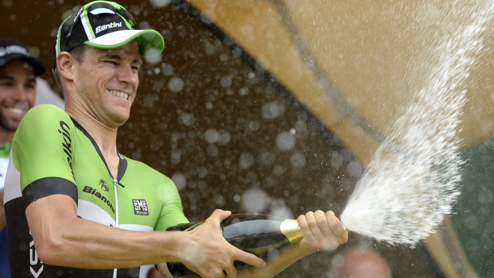 Holender Theo Bos z ekipy Belikn - Pro Cycling Team fetuje wygranie trzeciego etapu 71. Tour de Pologne. Fot.PAP/Darek Delmanowicz