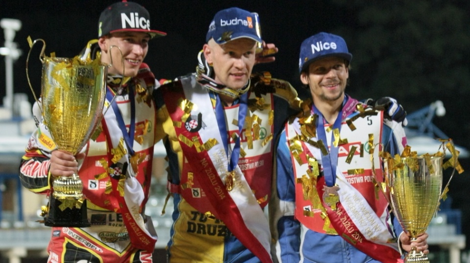 Podium IMP. 1. Krzysztof Kasprzak, 2. Piotr Pawlicki, 3. Janusz Kołodziej. Zawody odbyły się w Zielonej Górze. Fot. PAP/Lech Muszyński