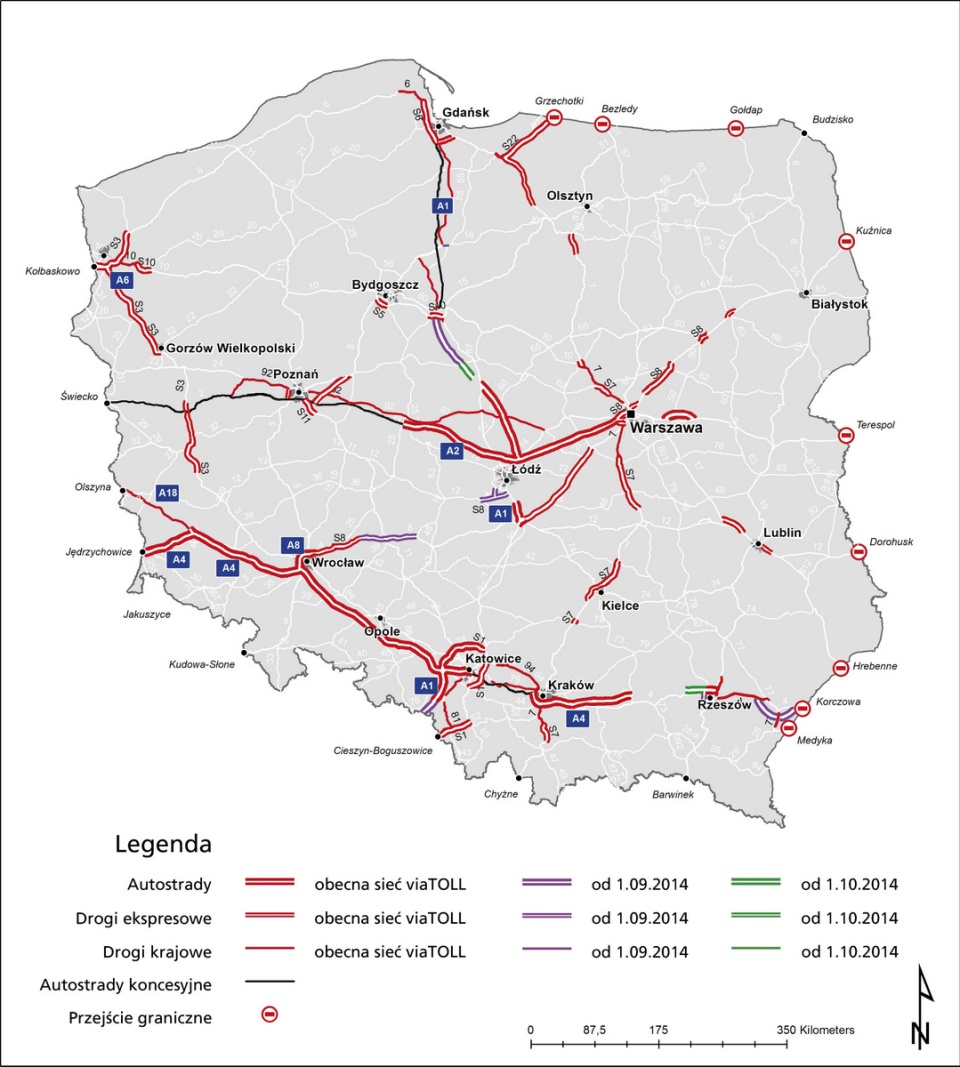 Mapa dróg objętych systemem viaToll. Źródło: Materiały prasowe
