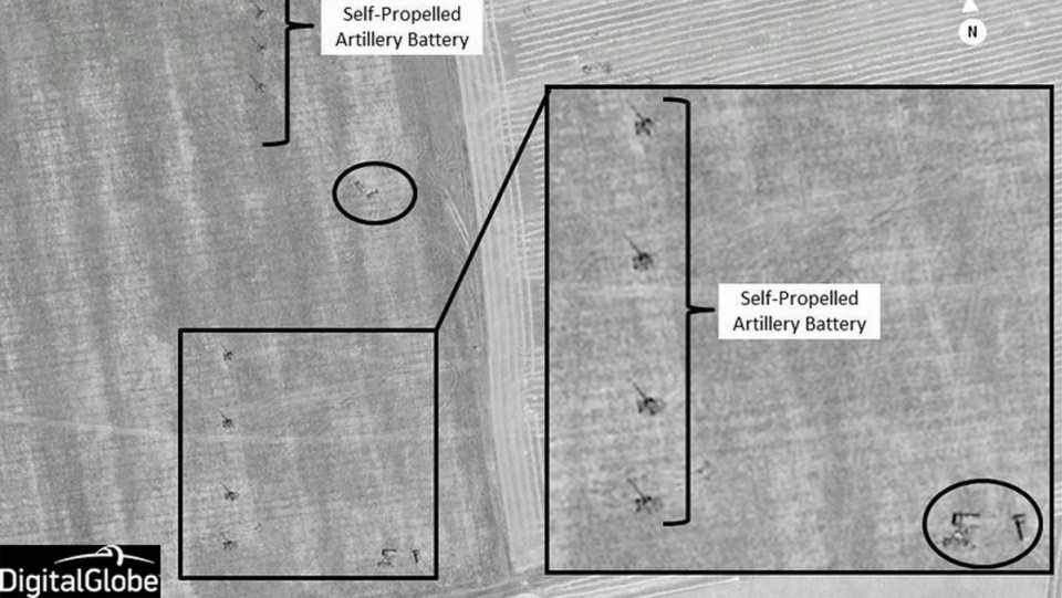 Satelitarne zdjęcie potwierdzające obecność rosyjskiej artylerii na terytorum Ukrainy. Fot. EPA/NATO/DIGITALGLOBE