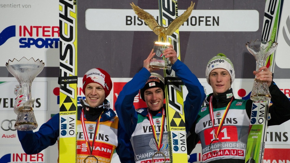 Podium 63. TCS: Michael Hayboeck (L), Stefan Kraft (C), Peter Prevc (P) Fot.PAP/EPA