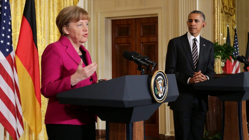 Barack Obama i Angela Merkel zapewniali o jedności USA i Niemiec wobec konfliktu na Ukrainie i kontynuacji wysiłków dyplomatycznych, by go rozwiązać. Fot. PAP/EPA