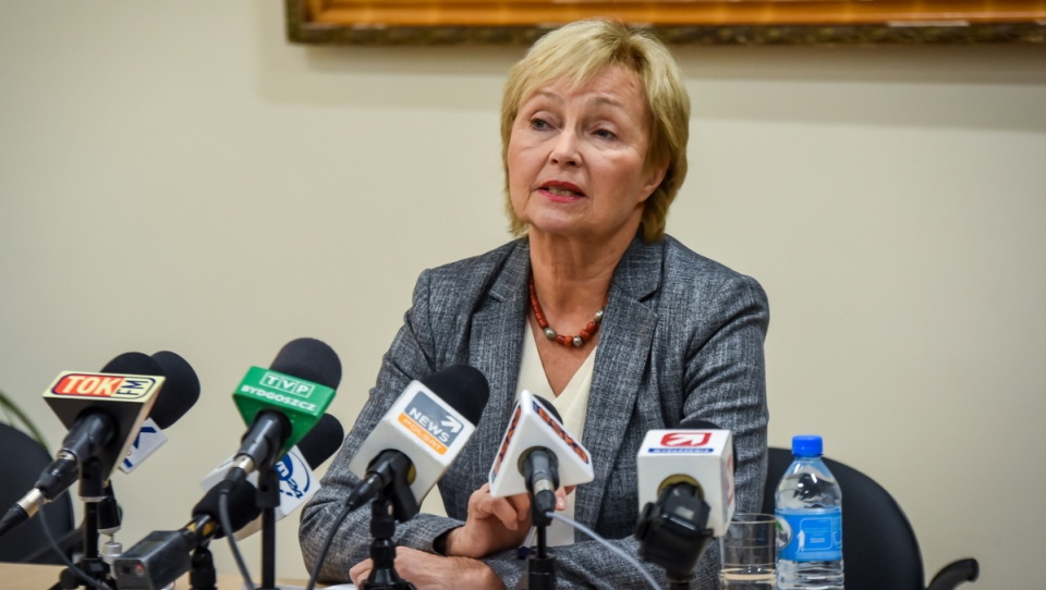 Minister nauki i szkolnictwa wyższego, prof. Lena Kolarska-Bobińska w rektoracie UTP podczas konferencji prasowej w Bydgoszczy. Fot. PAP/Tytus Żmijewski