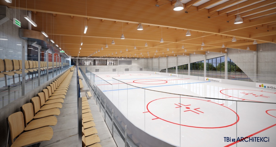 Opracowany projekt uwzględnia płytę lodowiska o parametrach spełniających wymogi International Ice Hockey Federation, co pozwoli rozgrywać także mecze. Fot. UM Bydgoszcz/TBiARCHITEKCI