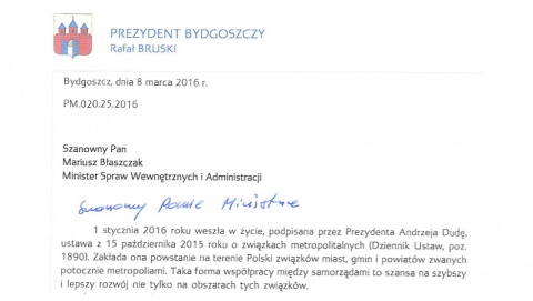 Prezydent Bydgoszczy z pismem do szefa MSWiA