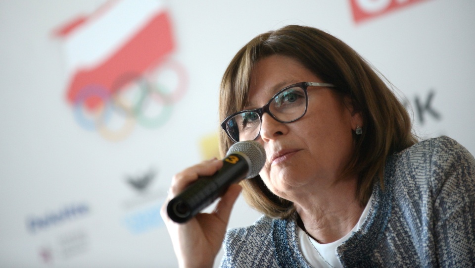 Szefowa misji olimpijskiej Marzenna Koszewska podczas konferencji prasowej pod hasłem "100 dni do Rio" nt. stanu przygotowań do Igrzysk XXXI Olimpiady w Rio de Janeiro. Fot.PAP/Bartłomiej Zborowski