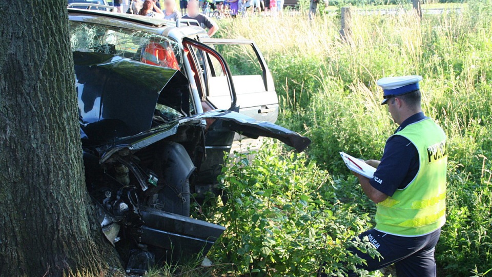 16-letni mieszkaniec powiatu świeckiego nie mając prawa jazdy, stracił panowanie nad pojazdem, zjechał na lewe pobocze i uderzył w przydrożne drzewo. Fot. KPP w Świeciu nad Wisłą