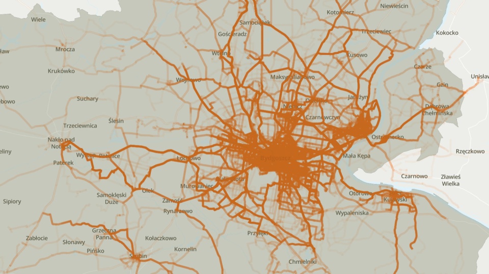 Mapa ciepła Metropolii Bydgoszcz. Grafika: cyclingchallenge.eu